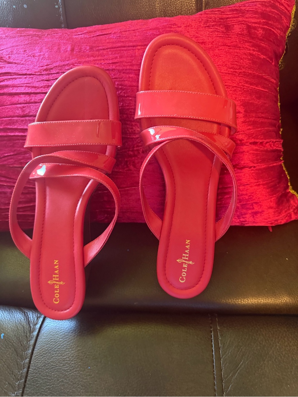 Cole Haan Red Patent Leather Double-Strap Slide Sandals